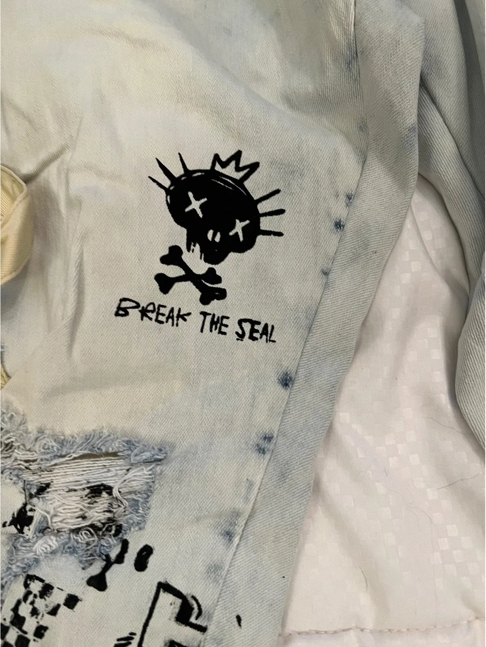 NEW SMOKE RISES 48” x 32” Acid washed distressed graffiti pockets writing jeans